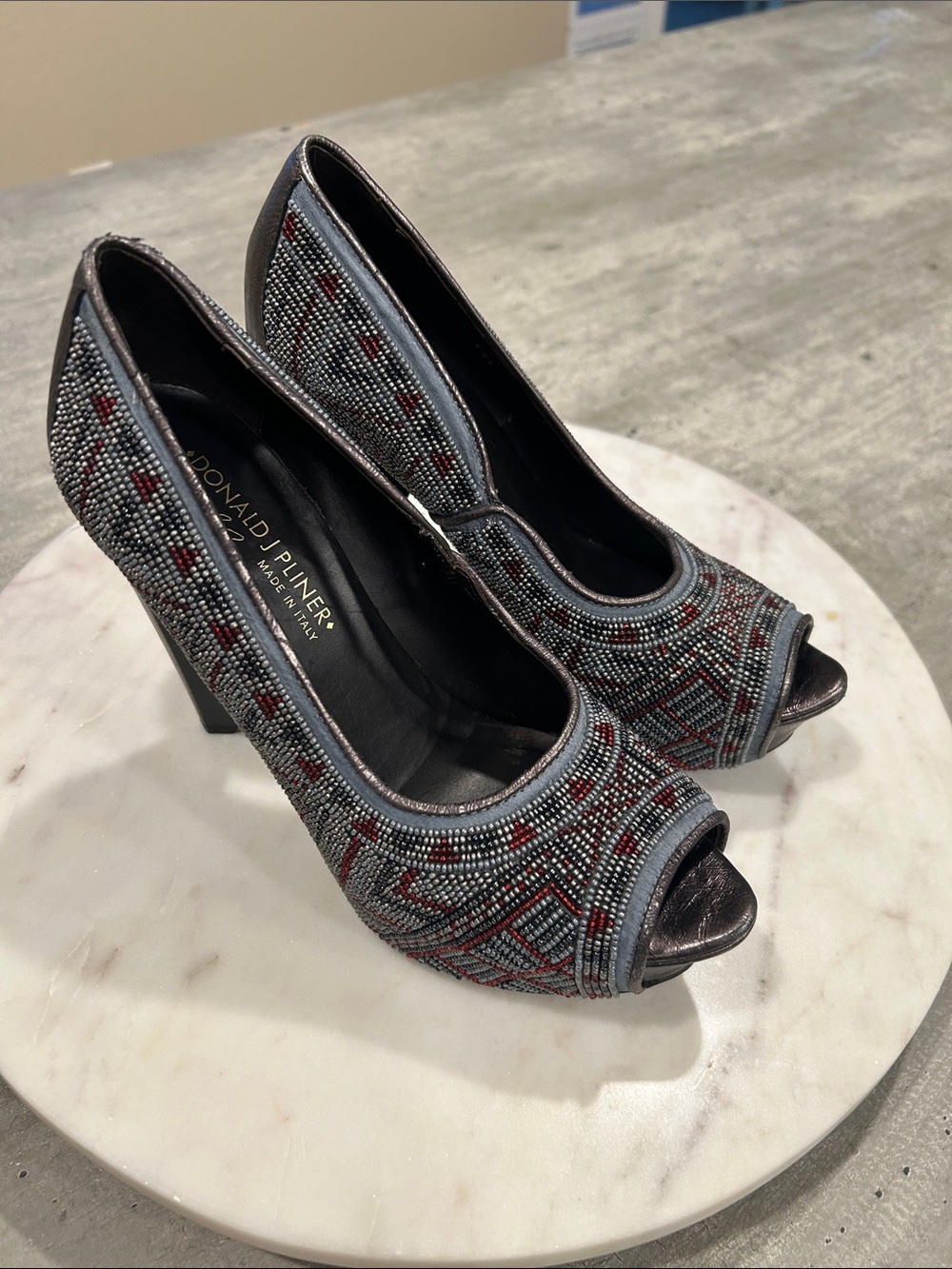 Donald J. Pliner Ceci Gray and Red Beaded Peep-Toe Heels W-5.5